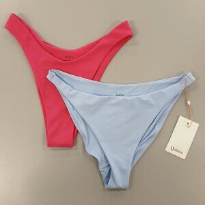 2 Pair Quince Italian High Leg Bikini Bottoms Small Hot Pink & Lt Blue Swim NWT!